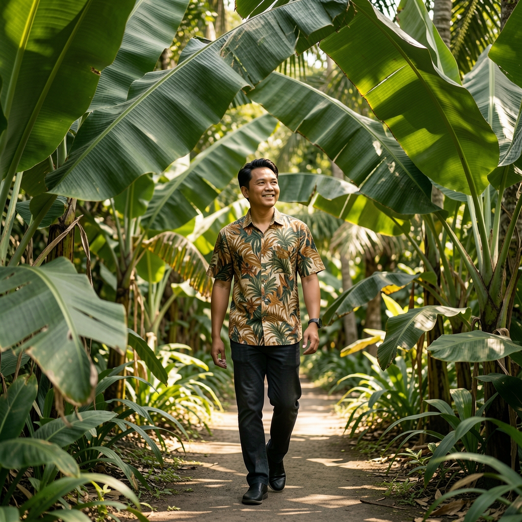 Indonesian man taking a relaxed walk beneath broad tropical leaves on a shaded path