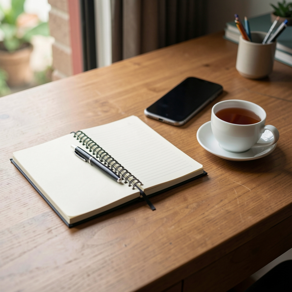 Editorial desk with notebook, pen, phone, and a cup of tea in Bandung