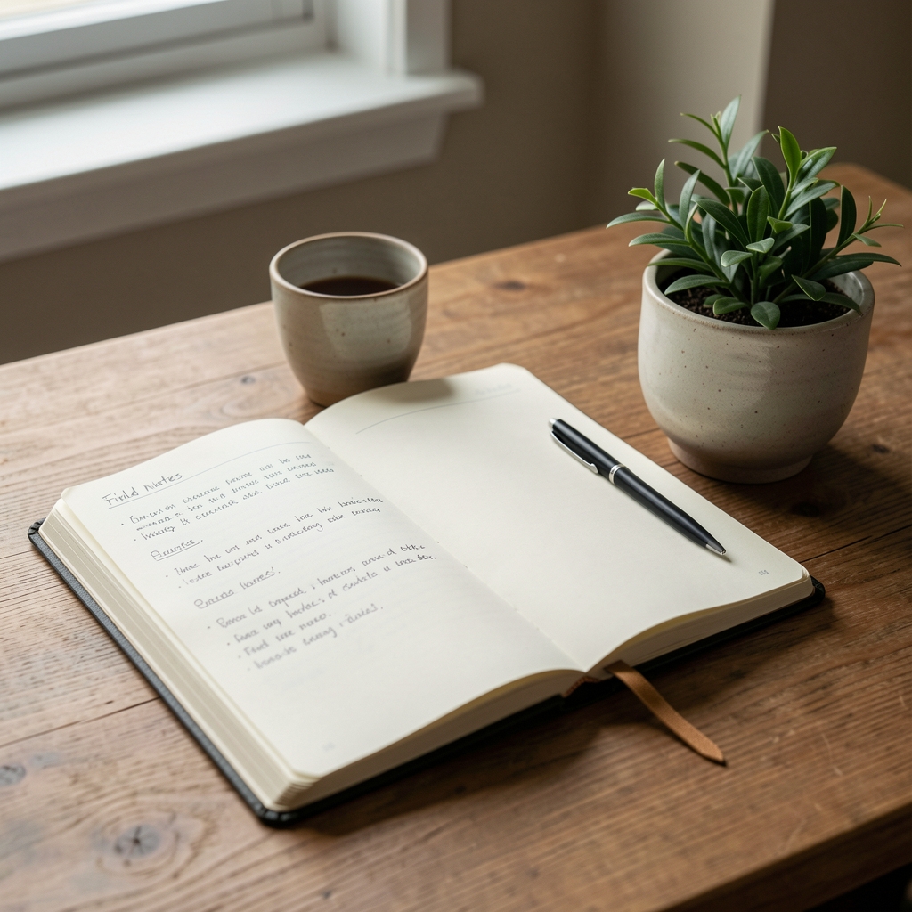 Derive editorial desk with an open notebook, printed field notes, a ceramic cup, and a small green plant