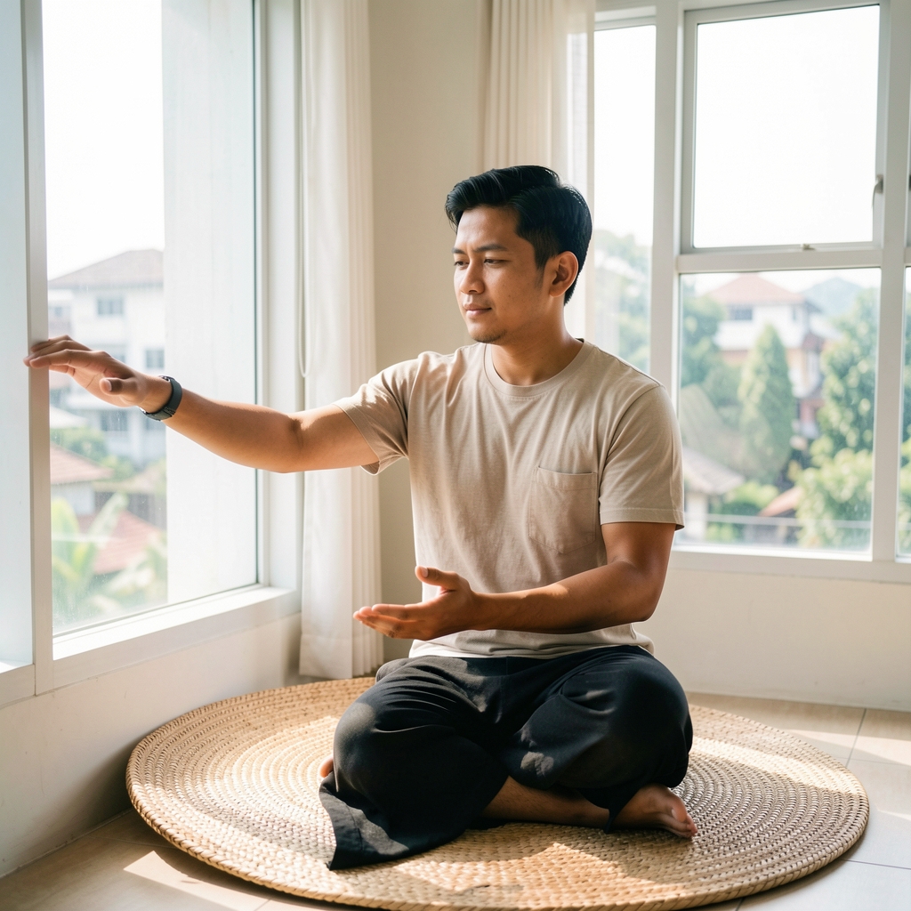 Indonesian man performing a gentle morning movement sequence beside a bright Bandung window with a woven mat nearby