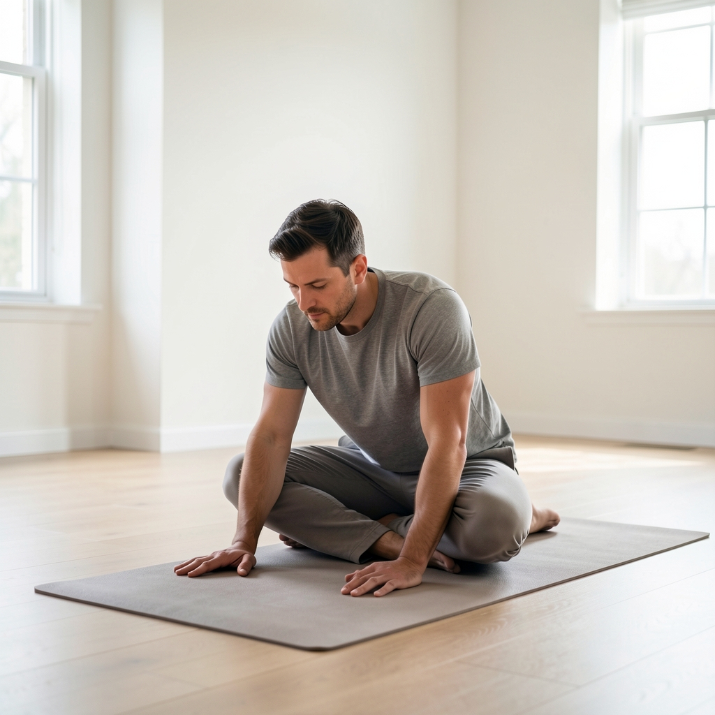 Man preparing a simple floor-based movement practice in a bright uncluttered room