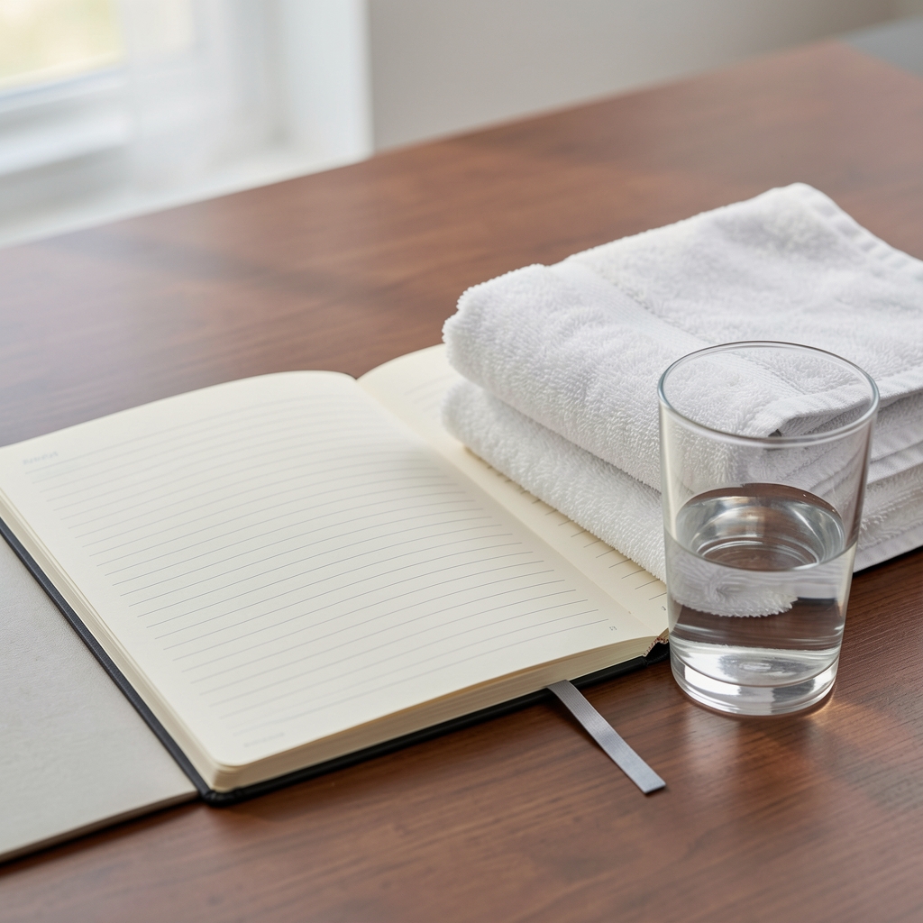 Open notebook beside a folded towel and glass of water prepared for a measured movement session