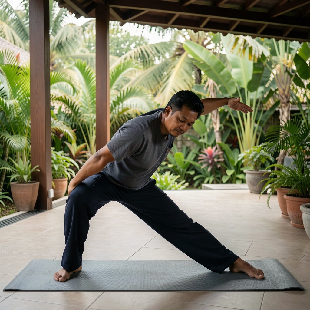 Indonesian man stretching gently near an open terrace with tropical plants