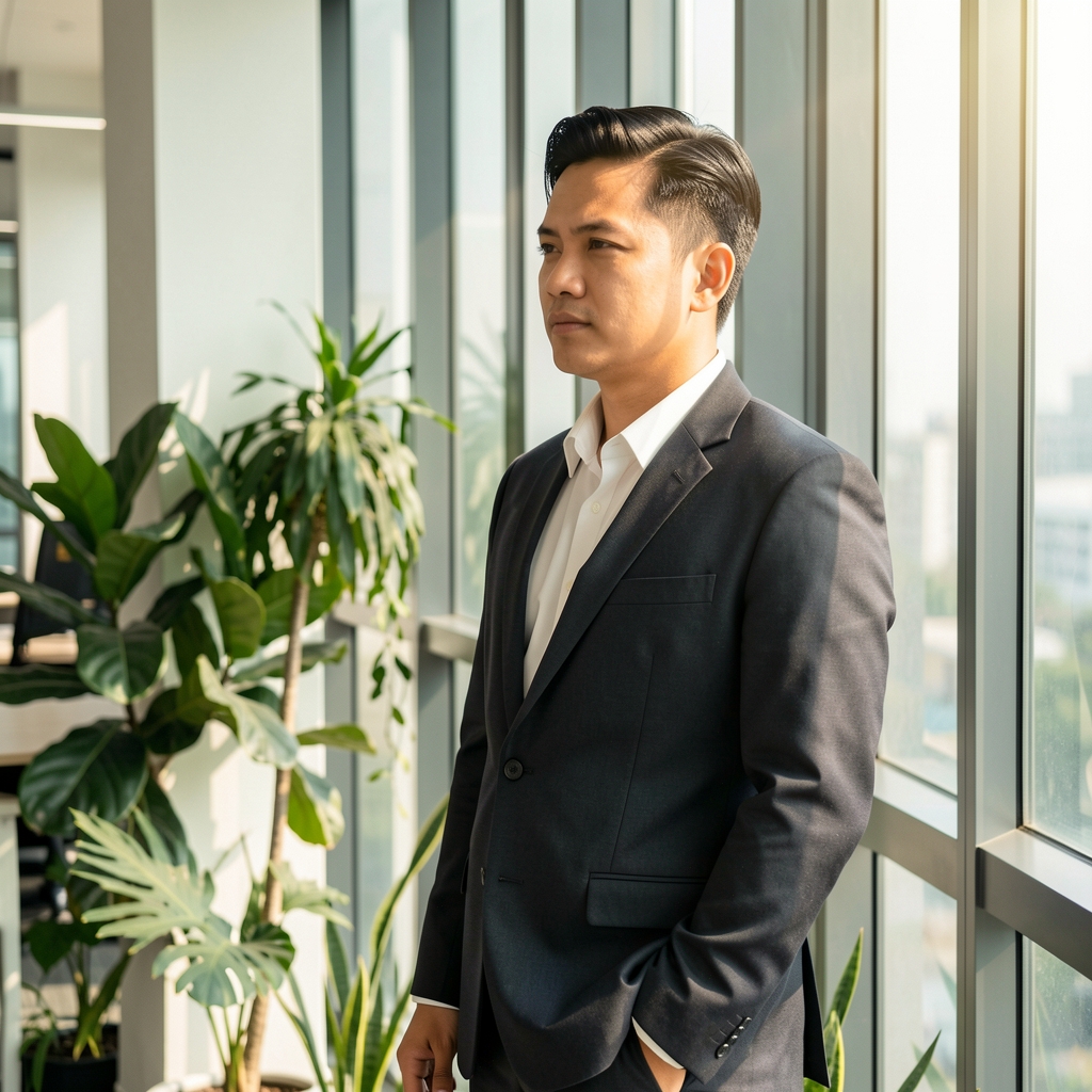 Indonesian professional taking a quiet standing pause beside a sunlit office window with greenery