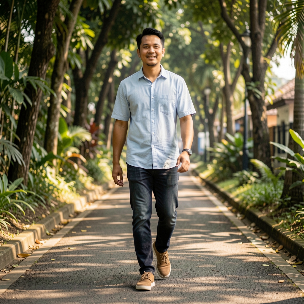 Man walking along a shaded Bandung path with comfortable shoes and a light cotton shirt